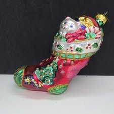 Old World Christmas Kitty Cat Red Stocking Glass Ornament Glitter Handpainted  picture