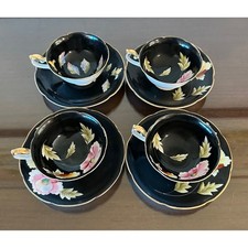 Vintage Chugai China Occupied Japan Tea Cup Saucer Set 8pc Black Floral Gold Rim picture