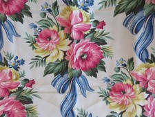 Vintage ROMANTIC Pink Roses & Bows Barkcloth era Fabric for Pillows Excellent picture