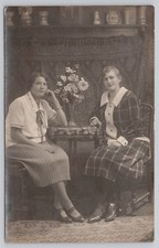 Vintage RPPC Two Women Studio Portrait Plaid Dress Flowers 1920s Postcard picture