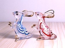 2pcs. maroon blue rabbit bunny figurine hand blown Glass art gild  GIFT cute picture