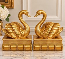 Vintage Style Art Deco Pair Of Gold Swan On Book Bookends Gold Swan Shelf Decor picture