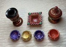 5 Miniature Multicolor Painted Clays Pot,  Lacquerware Folk Art Dec India picture