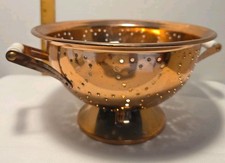 Vintage Copper Color Footed Colander Strainer Heavy Patina White Ceramic Handles picture
