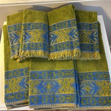 Vtg Stevens Utica Floral Towel Set 3 Bath 4 Hand Fringe Green Blue Cotton MCM picture