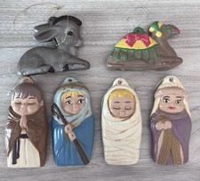 Vtg Hand Painted Nativity Ceramic Ornaments 6 Piece Christmas Holy Family Camel picture