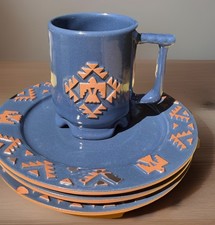 VTG Frankoma Pottery C1 Coffee Mugs 2 Blue Terra Cotta Thunderbird USA Southwest picture