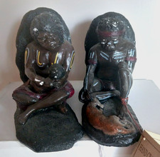 Vintage Australian Aboriginal Bookends Figural Plaster Hand made orig. Tag  picture