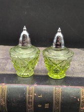 Vintage Imperial Glass Diamond Fan Green Salt and Pepper Shakers Silver picture