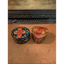 Vintage Hand Painted Kashmiri Papier Mache Trinket Boxes Floral Heart Round Set picture