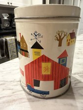 Vtg MCM Cookie Tin Canister With Barn Yard Buildings Farmhouse Decor 5 x 6.5” picture