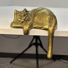 Vtg Brass Sleeping Kitten Cat Shelf Book Sitter Decorative Figurine Korea 1996 picture