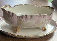 LIMOGES ANTIQUE VTG BAVARIA HAND PAINTED PORCELAIN GOLD FOOTED BOWL AND TRAY picture