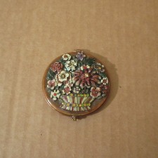 Vtg Jay Strongwater Double Mirror Round Compact w/ Basket of Flowers 2.75