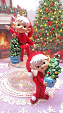 Vtg RARE Norcrest Christmas Pixie Elves with Christmas Trees SET OF TWO LABELS picture