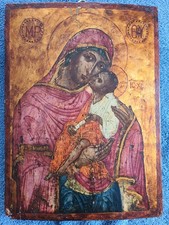 Antique Greek Orthodox hand painted Icon The Theotokos Eleusa. 18c. picture