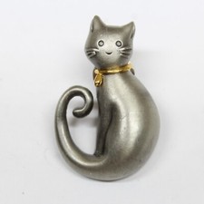 Smiling Cat Pewter Tone Pin Brooch Lapel Enamel Collectible picture