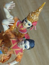 Vtg Handmade Bangkok Dolls Thailand Dancing Figures Wood Stand 7