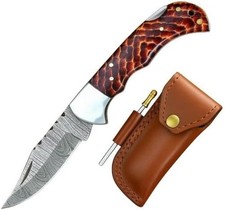 Handmade Damascus Steel Folding Pocket Knife Lockback Hunting EDC Knife Sheath picture