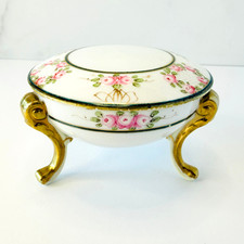 💠 Nippon Hand-Painted Covered Powder Box Pink Roses Gilt Feet Vanity Jar picture