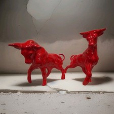 Vintage MCM Red Ceramic Bull Figurines Pair Mid Century Modern Japan Glazed Set picture