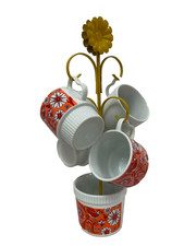 VTG 1970s Mug Tree Set Japan Mod Flower Power Orange Daisy Birds 4 Mugs Stand picture