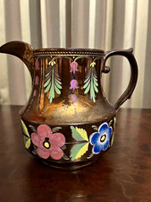 Antique English Copper Lustre Floral Pitcher Staffordshire c1830 5.5” picture