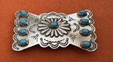 VTG Navajo Morgan Pete MP Stamped Sterling Silver Turquoise Cluster Belt Buckle picture