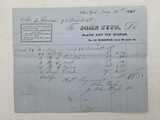 1861 antique JOHN EYRLE new york ny SLATE TIN ROOFER BILLHEAD julien crevier picture