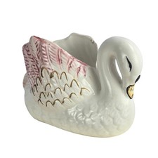 Ceramic Swan Planter Cream Pink Glazed Signed 4X7 picture