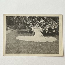 Vintage B&W Snapshot Photograph Beautiful Young Woman Teen Girl Sitting Outside picture