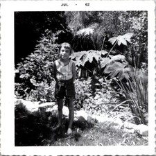 Smiling Young Girl in Summer Garden, 1962 B&W Snapshot Photo picture
