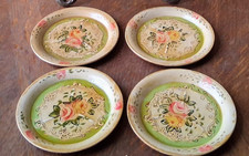 Vintage Cottage Hand Painted Green Pink Roses Small Trinket Plates Coasters (4) picture