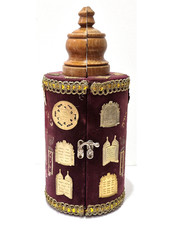 Vintage Torah Scroll Wood Velvet Case 13 Gold Kabbalah Amulets Judaica Israel picture