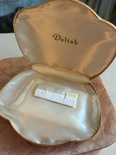 Vintage Deltah Gold Jewelry Presentation Box Satin Lined MCM Pearl Necklace Case picture