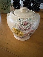 Vintage 1930s Harper J Ransburg Pottery Cookie Jar Crock Cream Floral W/ Lid picture