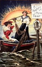 A Happy New Year Women On A Small Boat Vintage Inspired Postcard Card #4523 picture