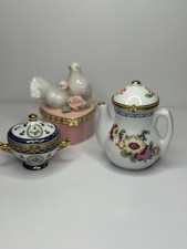 3 PORCELAIN HINGED TRINET BOXES - Limoges Covered Dish, Teapot & Doves Roses picture