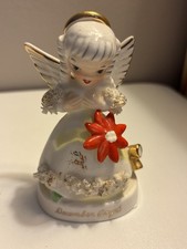 Vintage Napco December Christmas Angel Figurine Spaghetti Trim Poinsettia S1372 picture