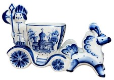 Vintage Russian Gzhel horse Buggie Solder Hand Painted Blue & White picture