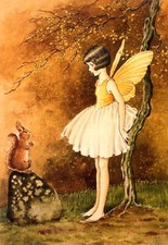 Repro Postcard - Cute Fairy in Fall Forest Talks with Squirrel, Autumn picture