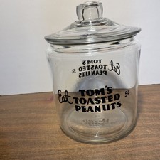 Vintage Tom’s Eat Toms Toasted Peanuts Clear Glass Jar - Clear Handled Lid picture
