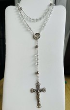 VTG 925 Sterling Silver Cross Crown Rosary Necklace Glass Crystal Beads picture