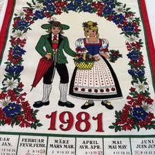 1981 Vintage Tea Towel Calendar German Folk Art Couple Grandma Core Cloth picture