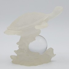 Vintage Frosted Resin Sea Turtle Figurine with Glass Ball Sphere on Wave Base picture
