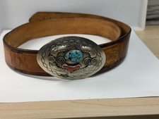 1970s Navajo Joe Yazzie N/S Turquoise Buckle on Tooled VFW Leather Belt Vintage picture