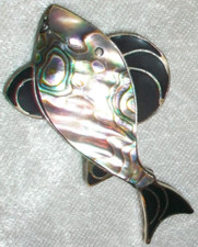 Vintage Abalone Shell Black Enamel Alpaca Nickel Silver Fish Brooch Pin Mexico picture