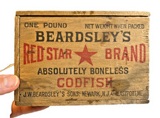 Antique Red Star Codfish Wood Box Beardsley’s Eastport Maine  Newark New Jersey picture
