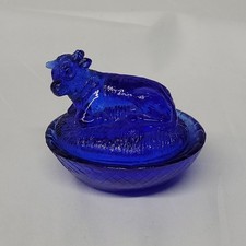 Cobalt Blue Pressed Glass Mini Cow Steer Nesting Salt Cellar Dish CHIPPED picture
