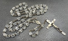 VTG Catholic Rosary Necklace Glass  Cut Crystal Beads Cross Crucifix Silver Tone picture